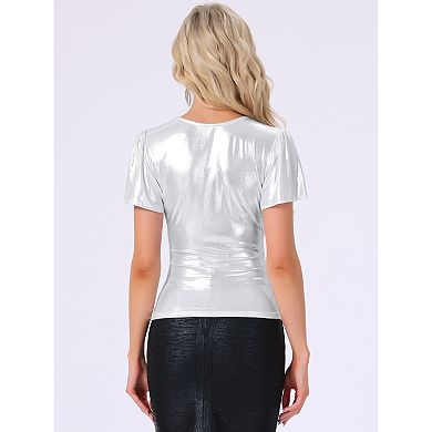 Summer Party Top for Women's V Neck Ruffle Sleeve Shiny Metallic Wrap Blouse
