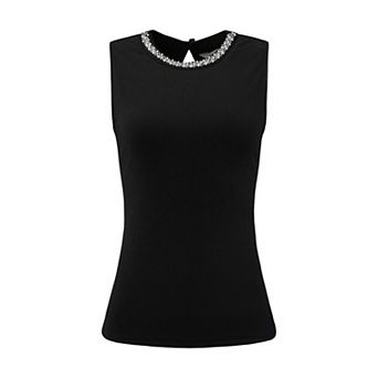 Women's Sleeveless Tank Top Crew Neck Beaded Decor Summer Casual Work Blouse