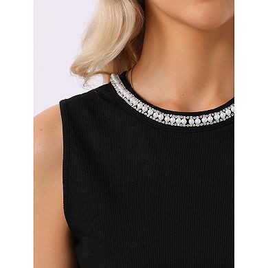 Women's Sleeveless Tank Top Crew Neck Beaded Decor Summer Casual Work Blouse