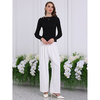 Women's Spring Fall Pullover Sweater Casual Long Sleeve Ribbed Knitted Blouse Top