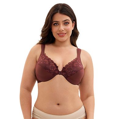 Women's Front Closure Lace Trim Underwire Plunge Bras Plus Size Adjustable Straps Lingerie