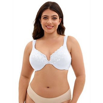 Women's Front Closure Lace Trim Underwire Plunge Bras Plus Size Adjustable Straps Lingerie