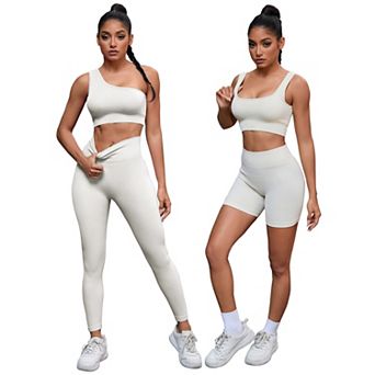 Women's 4 pc Workout Set Scoop Neck Sports Bra One Shoulder Tops High Waist Shorts Leggings