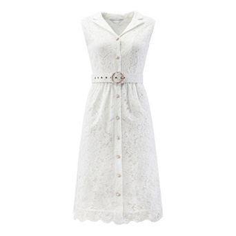 Women's Sleeveless Lace Dress Lapel Collar Wedding Cocktail Belted Button Down A-Line Dresses