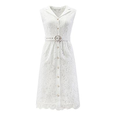 Women's Sleeveless Lace Dress Lapel Collar Wedding Cocktail Belted Button  Down A-Line Dresses