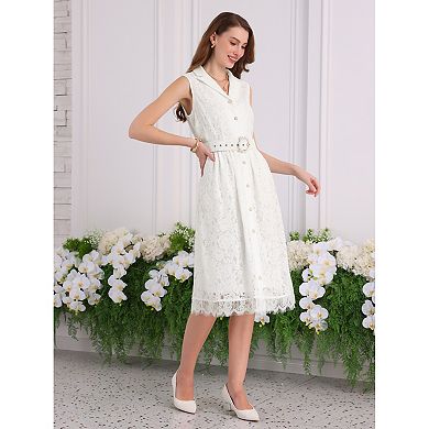 Women's Sleeveless Lace Dress Lapel Collar Wedding Cocktail Belted Button Down A-Line Dresses