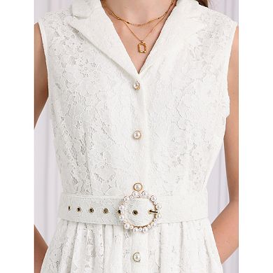 Women's Sleeveless Lace Dress Lapel Collar Wedding Cocktail Belted Button Down A-Line Dresses