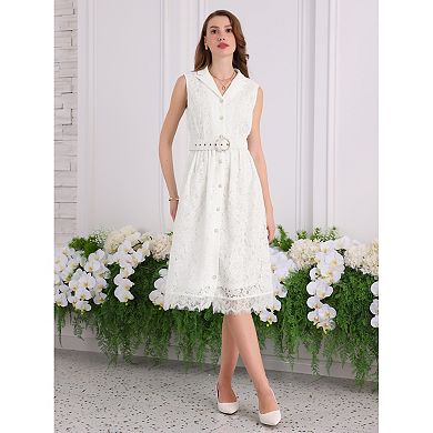 Women's Sleeveless Lace Dress Lapel Collar Wedding Cocktail Belted Button Down A-Line Dresses