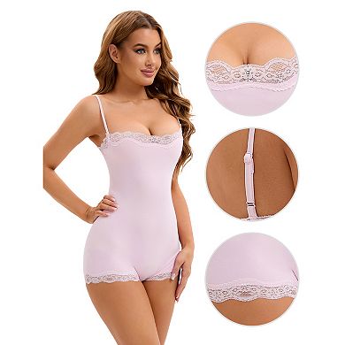 Women's Lace Trim Cami Adjustable Straps Tummy Control Leotard Hip Lifter Jumpsuits Shaperwear
