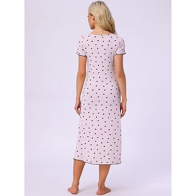 Women's Short Sleeves Sleepwear Heart Print Lace Trim Slit Side Nightshirt Ribbed Knit Nightgowns