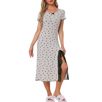 Women's Short Sleeves Sleepwear Heart Print Lace Trim Slit Side Nightshirt Ribbed Knit Nightgowns