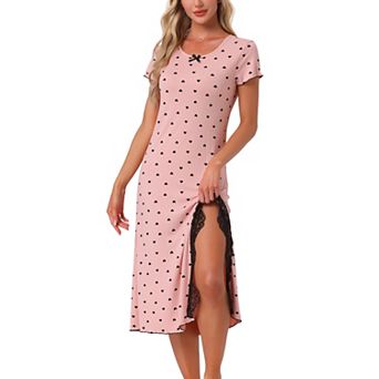 Women's Short Sleeves Sleepwear Heart Print Lace Trim Slit Side Nightshirt Ribbed Knit Nightgowns