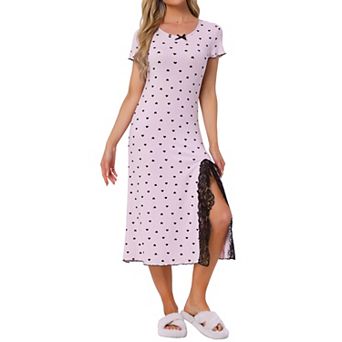Women's Short Sleeves Sleepwear Heart Print Lace Trim Slit Side Nightshirt Ribbed Knit Nightgowns