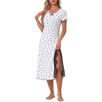 Women's Short Sleeves Sleepwear Heart Print Lace Trim Slit Side Nightshirt Ribbed Knit Nightgowns