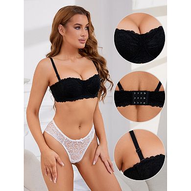 Women's Lace Underwired Balconette Adjustable Straps Padded Tube Bras