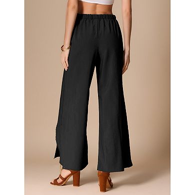 Casual Wide Legs Pants for Women's Elastic High Waist Split Side Loose Trousers