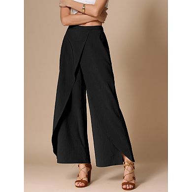 Casual Wide Legs Pants for Women's Elastic High Waist Split Side Loose Trousers