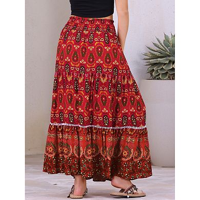 Women's Boho Floral Maxi Skirts Smocked High Waist A-Line Long Skirt