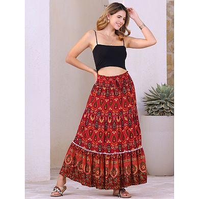 Women's Boho Floral Maxi Skirts Smocked High Waist A-Line Long Skirt