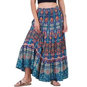 Women's Boho Floral Maxi Skirts Smocked High Waist A-Line Long Skirt