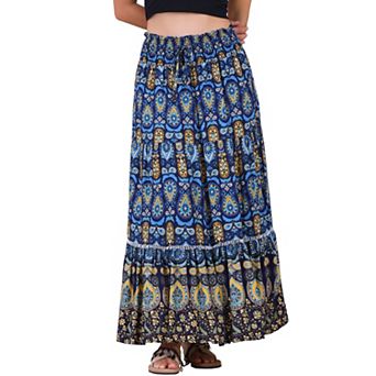 Women's Boho Floral Maxi Skirts Smocked High Waist A-Line Long Skirt