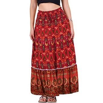Women's Boho Floral Maxi Skirts Smocked High Waist A-Line Long Skirt