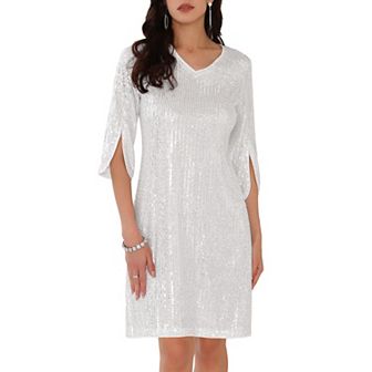Women's Sequin Dress Glitter Split Sleeves V Neck Party Cocktail Mini Dresses