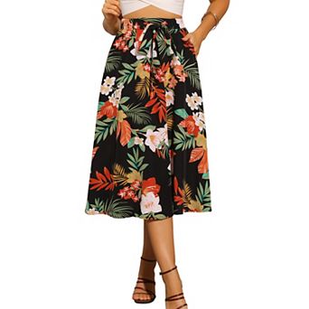 Summer Floral Boho Skirt for Women's Elastic Waist A-Line Flowy Midi Skirt