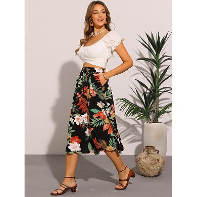 Summer Floral Boho Skirt for Women's Elastic Waist A-Line Flowy Midi Skirt