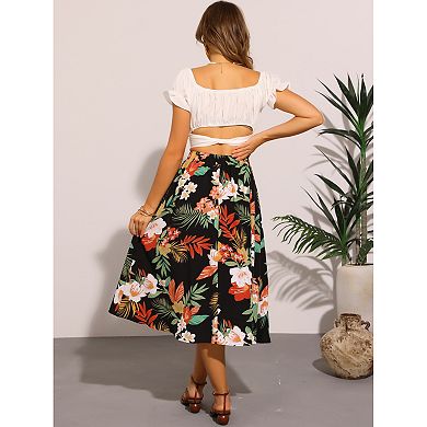Summer Floral Boho Skirt for Women's Elastic Waist A-Line Flowy Midi Skirt