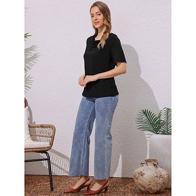 Women's Cowl Neck Top Short Sleeve Casual Stretchy Blouse Shirts
