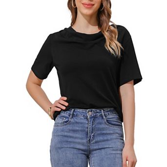 Women's Cowl Neck Top Short Sleeve Casual Stretchy Blouse Shirts