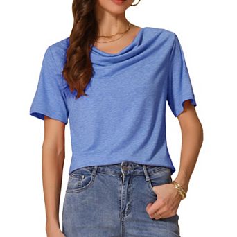 Women's Cowl Neck Top Short Sleeve Casual Stretchy Blouse Shirts
