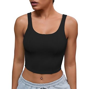 Womens U Back Longline Padded Sports Bra Cami Crop Workout Fitness Tank Top with Built in Bras