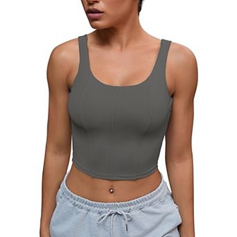 Womens U Back Longline Padded Sports Bra Cami Crop Workout Fitness Tank Top with Built in Bras