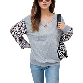 Women's V-Neck Long Sleeve Pullover Top with Comfortable Fabric for Casual Wear