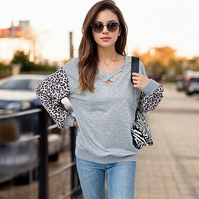 Women's V-Neck Long Sleeve Pullover Top with Comfortable Fabric for Casual Wear