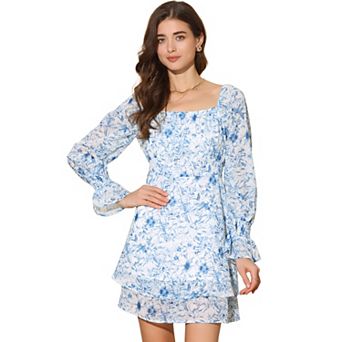 Dress for Women's Long Sleeve Square Neck Floral Print Casual A Line Dress