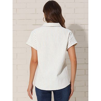 Striped Button Down Shirts for Women's Cotton Casual Cap Sleeve Blouse Tops