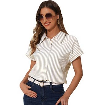 Striped Button Down Shirts for Women's Cotton Casual Cap Sleeve Blouse Tops