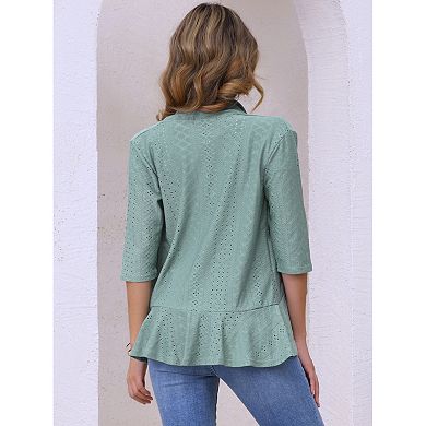 Women's Eyelet Cardigan 3/4 Sleeve Lapel Neck Ruffle Open Front Casual Cardigans