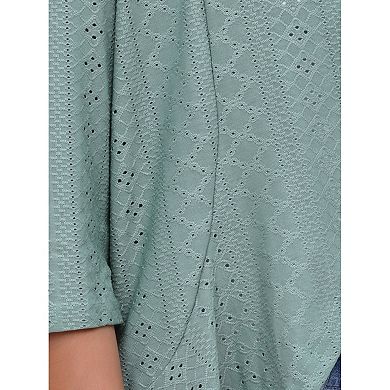 Women's Eyelet Cardigan 3/4 Sleeve Lapel Neck Ruffle Open Front Casual Cardigans