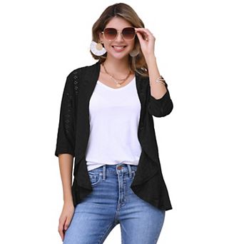 Women's Eyelet Cardigan 3/4 Sleeve Lapel Neck Ruffle Open Front Casual Cardigans