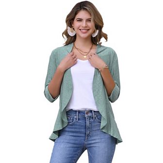 Women's Eyelet Cardigan 3/4 Sleeve Lapel Neck Ruffle Open Front Casual Cardigans