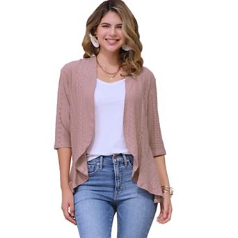 Women's Eyelet Cardigan 3/4 Sleeve Lapel Neck Ruffle Open Front Casual Cardigans