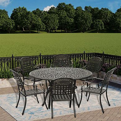 Mondawe 7 Pieces Cast Aluminium Patio Dining Set Aluminum Round Table with 6 Stationary Chairs