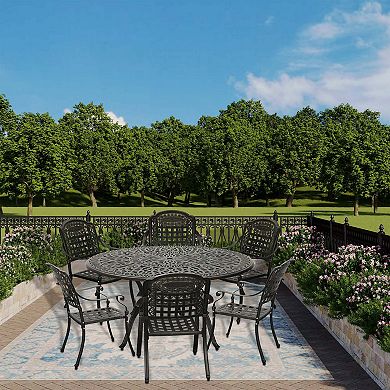 Mondawe 7 Pieces Cast Aluminium Patio Dining Set Aluminum Round Table with 6 Stationary Chairs