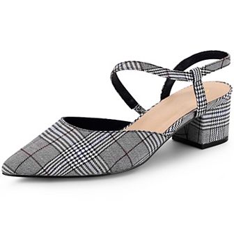 Houndstooth Pumps Slip on Pointed Toe Slingback Chunky Heels Pump for Women