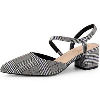 Houndstooth Pumps Slip on Pointed Toe Slingback Chunky Heels Pump for Women