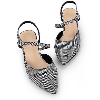 Houndstooth Pumps Slip on Pointed Toe Slingback Chunky Heels Pump for Women